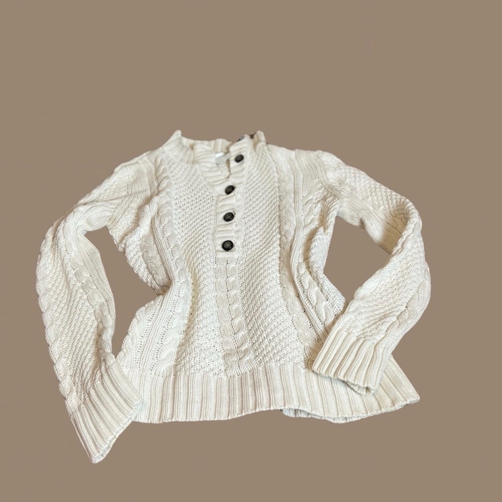 Leo & Nicole Ivory Button-Front Cable Knit Sweater